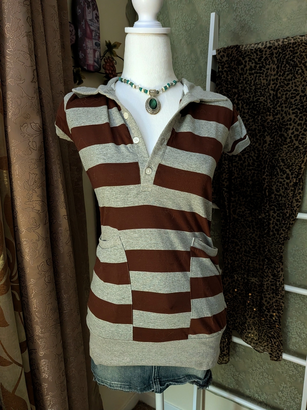 Fitted Button Up Brown & White Stripes W Pockets